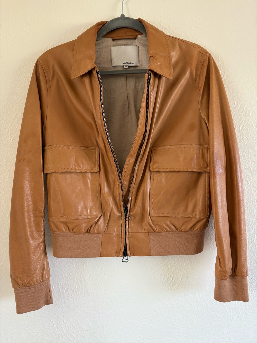 3.1 Phillip Lim Tan Leather Cargo Bomber Jacket Size 10